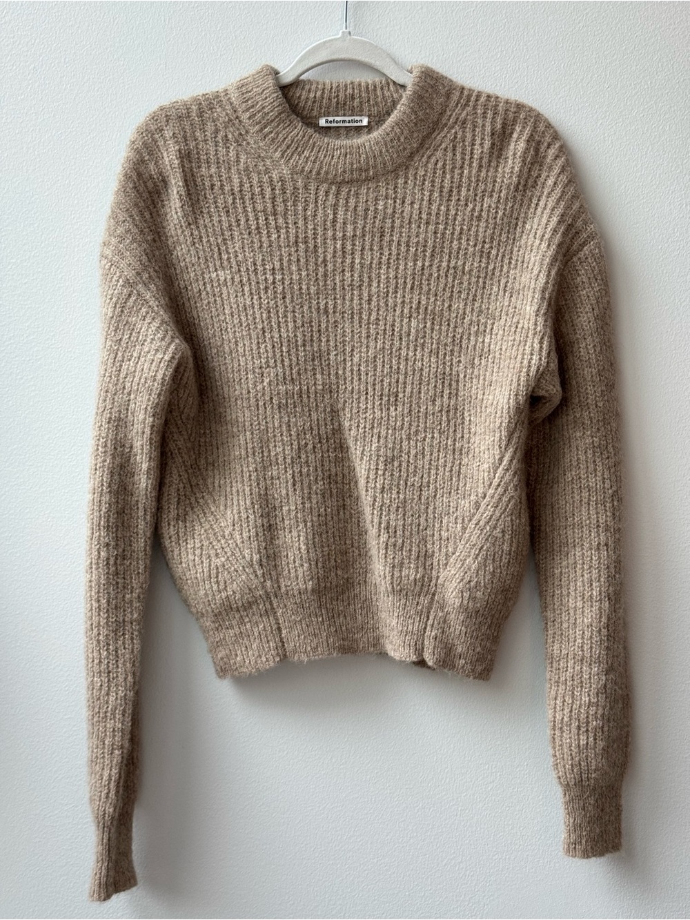 Reformation Ribbed Crewneck Sweater in Taupe Beige